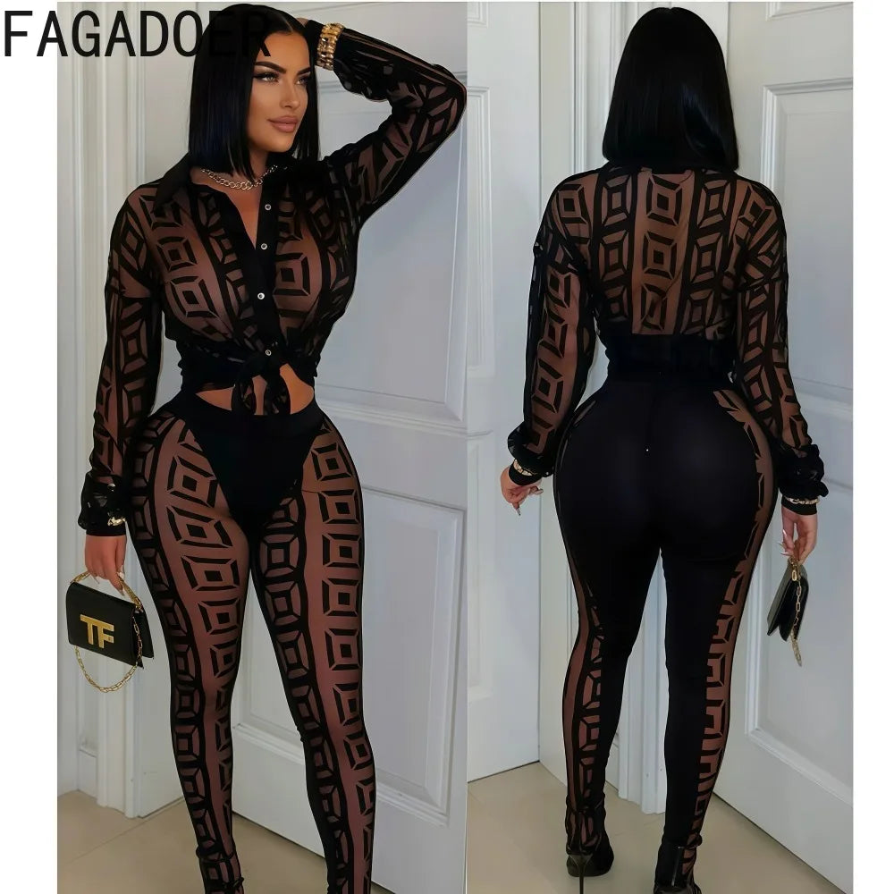 FAGADOER Sexy Mesh Damen 2-teiliges Set Outfit Durchsichtiges Langarm Crop Top + Skinny Hose Anzüge Weibliche Streetwear Kleidung Neu