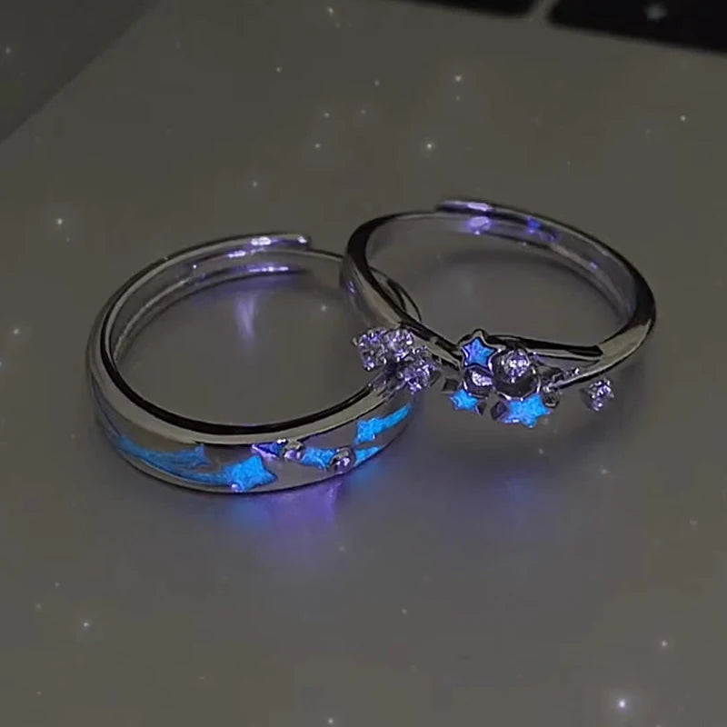2Pcs Fashion Blue Luminous Star Couple Ring Glow In Dark Fluorescent Zircon Ring Women Men Adjustable Finger Rings Jewelry Gifts