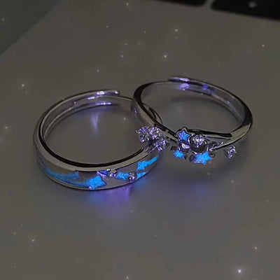 2Pcs Fashion Blue Luminous Star Couple Ring Glow In Dark Fluorescent Zircon Ring Women Men Adjustable Finger Rings Jewelry Gifts