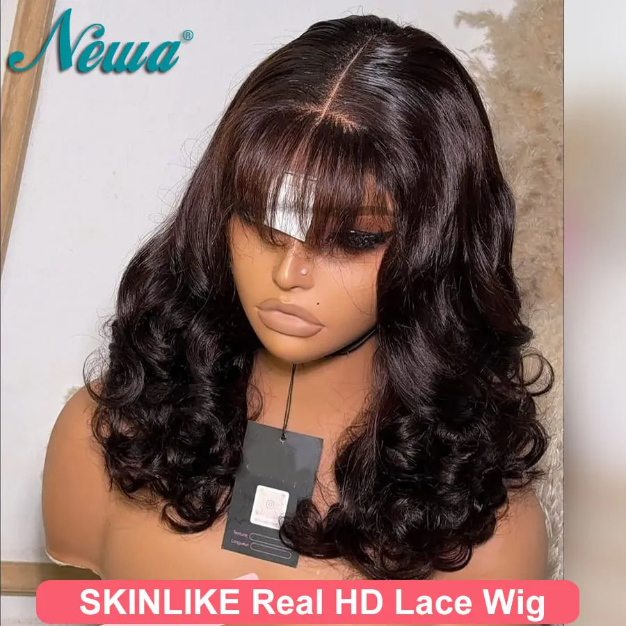 Newa Hair Human Hair HD Lace Wig With Bangs 5x5/7x5 HD Lace Closure Wig Natural Black Glueless Wigs Pre Plucked HD WIG For Women