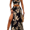 Ärmelloses Damenkleid mit tiefem V-Ausschnitt, bedruckt, hohe Schlitze, sexy Kleider, trendiger Halb-Rock, Damen-Set, leichtes, elegantes Sommer-Set