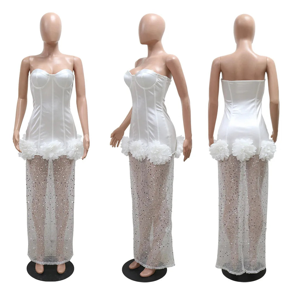 CM.YAYA INS Women Strapless Mesh Stain High Waist 3D Flower Sleeveless Dress 2024 Birthday Maxi Long Party Evening Split Dresses