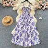 2024 New Summer Korean Fashion Rose Flower Print Romantic Retro Party Dress Elastic High Waist Vacation Long Dress Beach Vestido