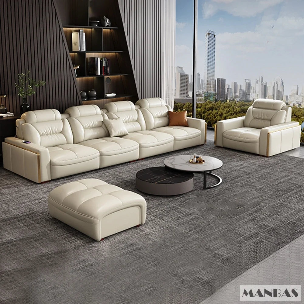 Premium italienische Echtleder-Ecksofas Sofagarnituren mit USB und Bluetooth Lautsprecher – MANBAS Wohnzimmermöbel