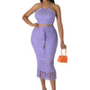 CM.YAYA Beach Knit See Though Women Two 2 Piece Set Outfits Halter Neck Crop Top and Tassel Midi Skirt Suit 2023 New Dress Set