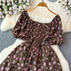 2024 Neues Sommer Blumenmuster Maxikleid Damen Vintage Eckiger Ausschnitt Geraffte Brust Schärpe Bandage Sommerkleid Partykleid