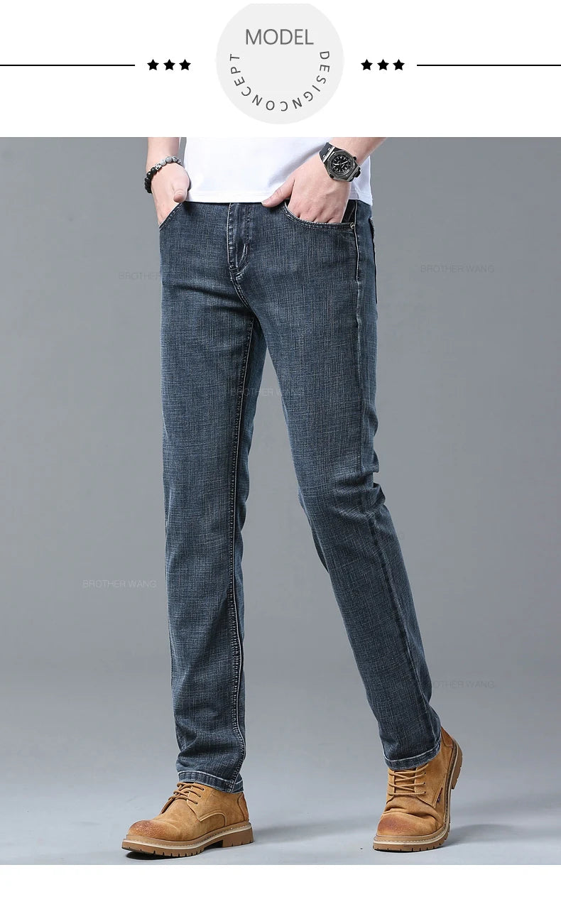 Frühlings Herren Hellblaue Slim Jeans Stylische Lässige Stretch Denim Hose Klassische Chinohose Rauchgrau