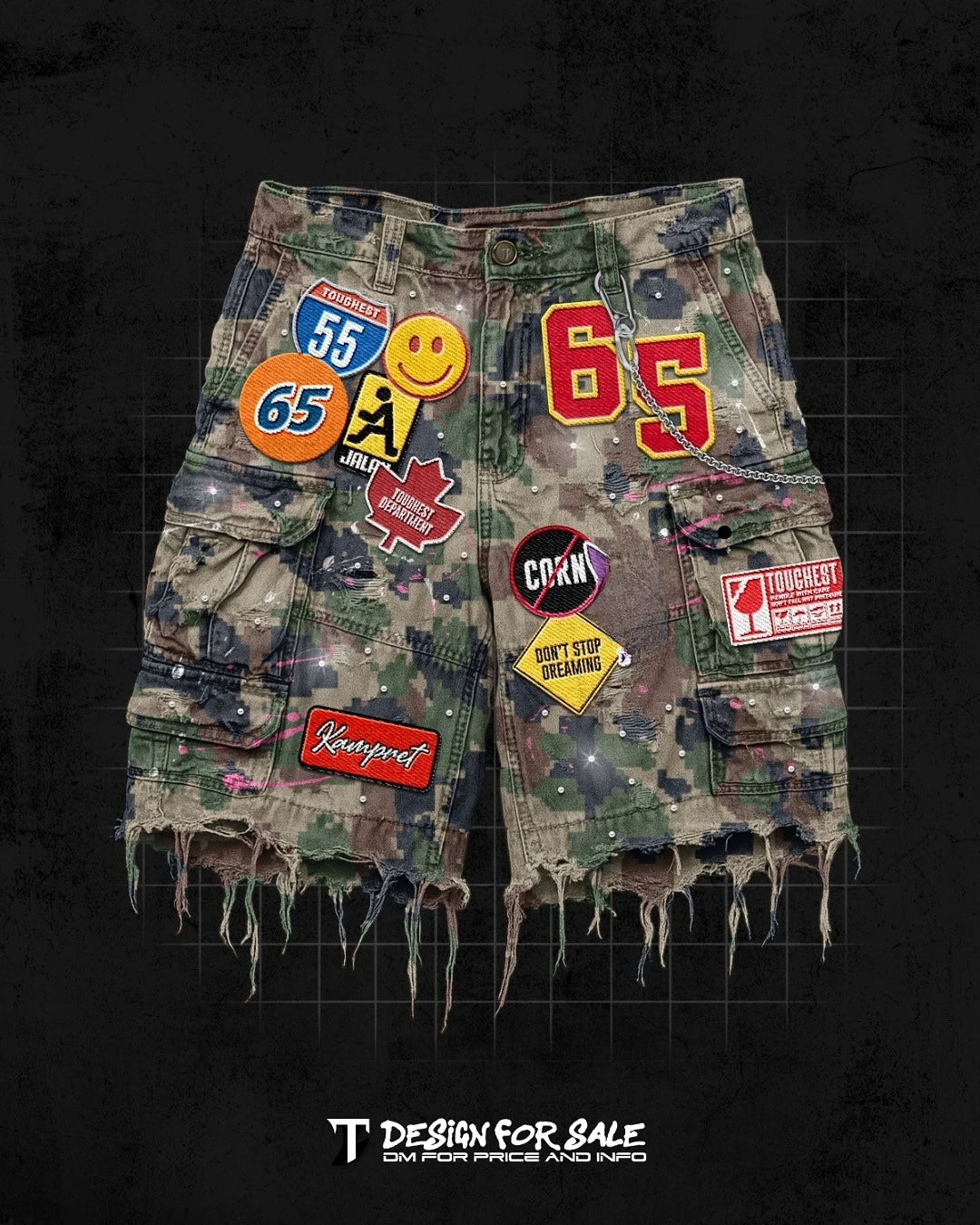 Retro Blaue Streetwear Patchwork Denim Shorts Y2K Jeans Herren Damen Hip Hop Cartoon Grafiken Lose Camo Denim Fitness Freizeit Shorts