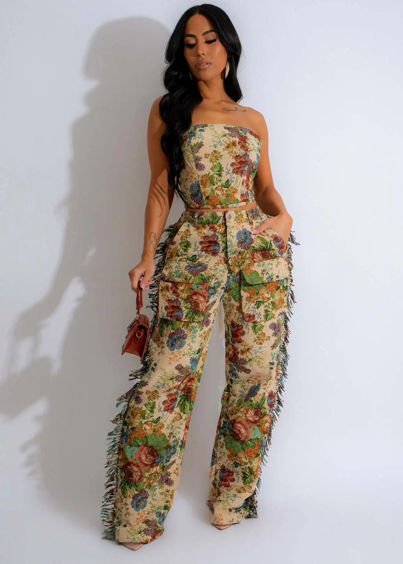 CM.YAYA Fashion Print Women's Set Strapless Top and Wide Leg tassel Pants Summer Cargo Street Two 2 Piece Set Outfit Tracksuit