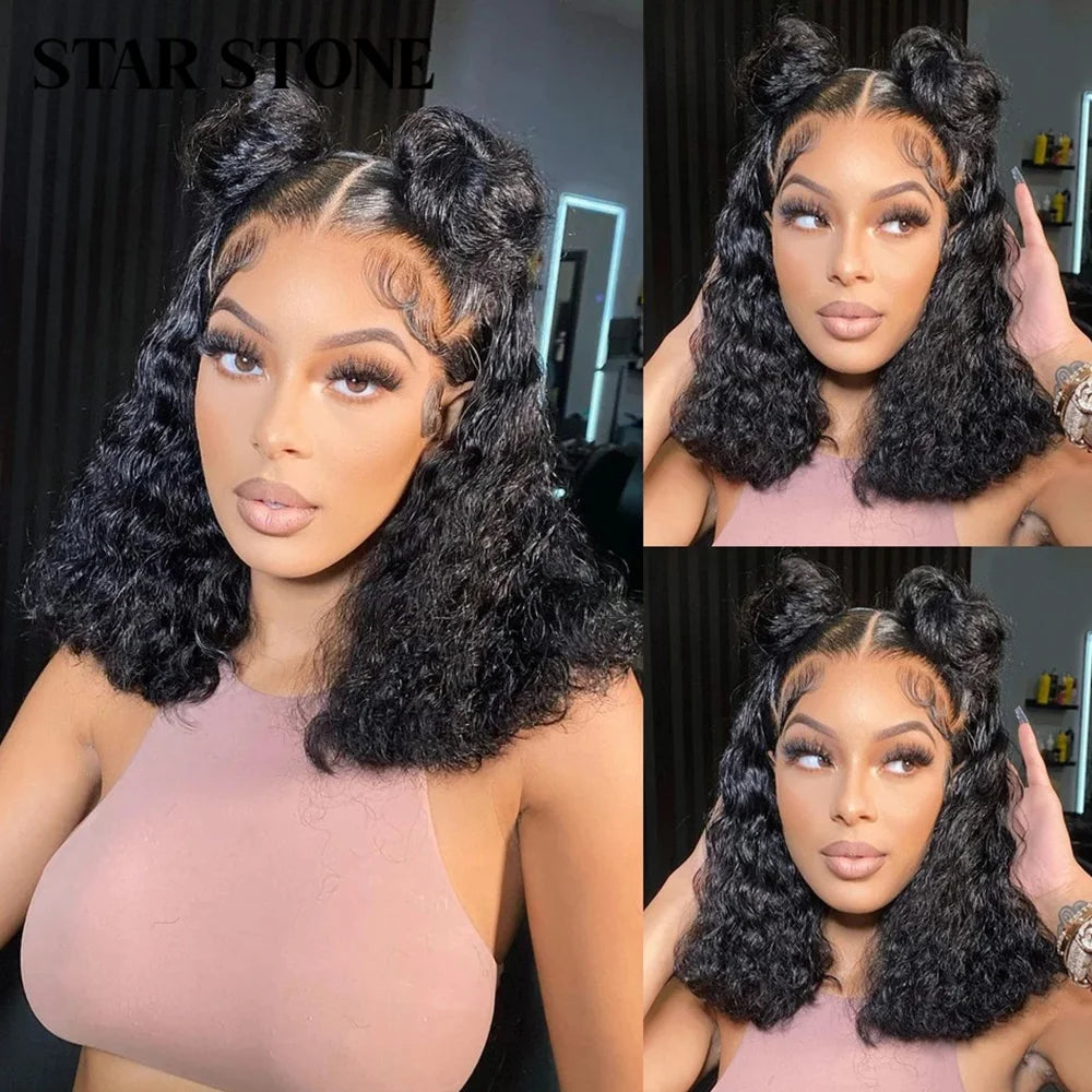 Deep Curly Short Bob Wig Human Hair 180 Density 13x4 Lace Front Wigs for Women Pre Plucked Deep Wave T Lace Wigs Natural Black