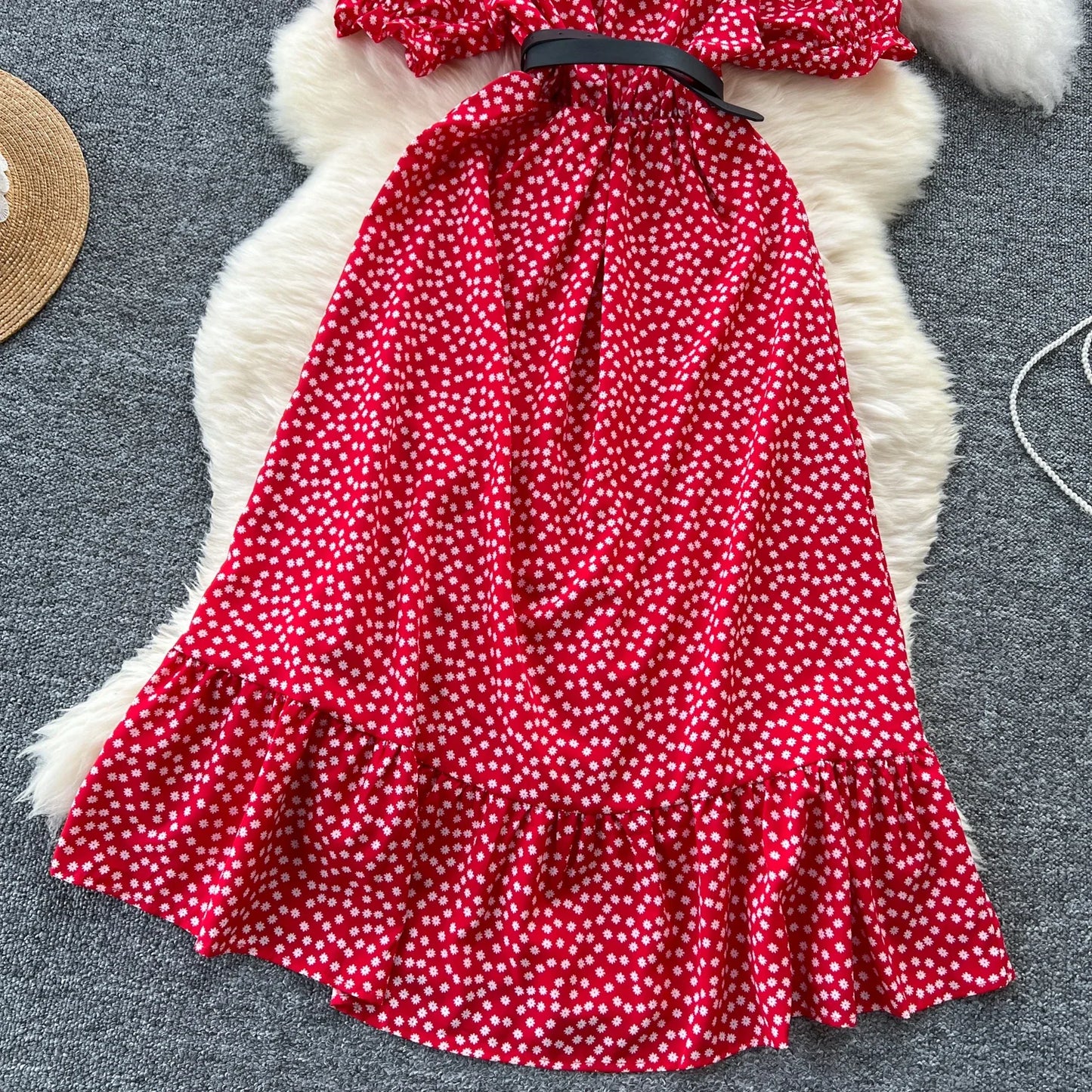 Sommer Plissiert Damen Knopfkleider Lässige Strandurlaub Kurzarm V-Ausschnitt Damen Midikleid Böhmische Mujer Vestidos