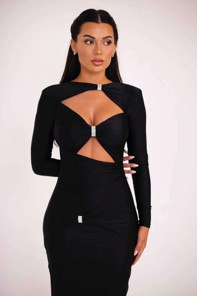 Articat Sexy Hohl Saum Langarm Elastisches Enges Kleid Damen Falten Doppellagig Weibliche Vestidos Elegantes Party Abendkleid