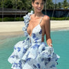 Damen Batik 3D Blumen Tief V-Ausschnitt ausgestellte Ärmel Minikleider Mode Slim Bedruckt Mehrfachfalten Vestidos Neue Damen Urlaubskleidung