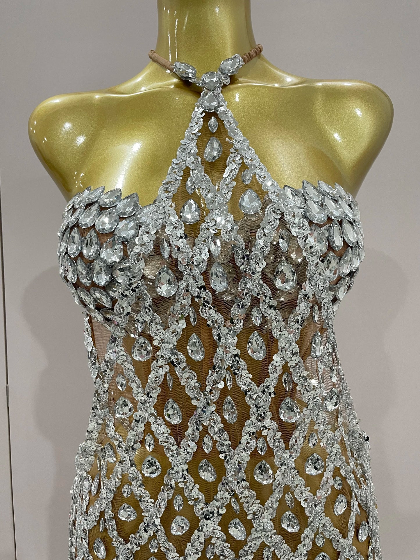 Sexy Sparkly Sequin Diamond Mesh Transparent Two Piece Set Women Celebrate Evening Party Birthday Dress Stage Photo Shoot Wear