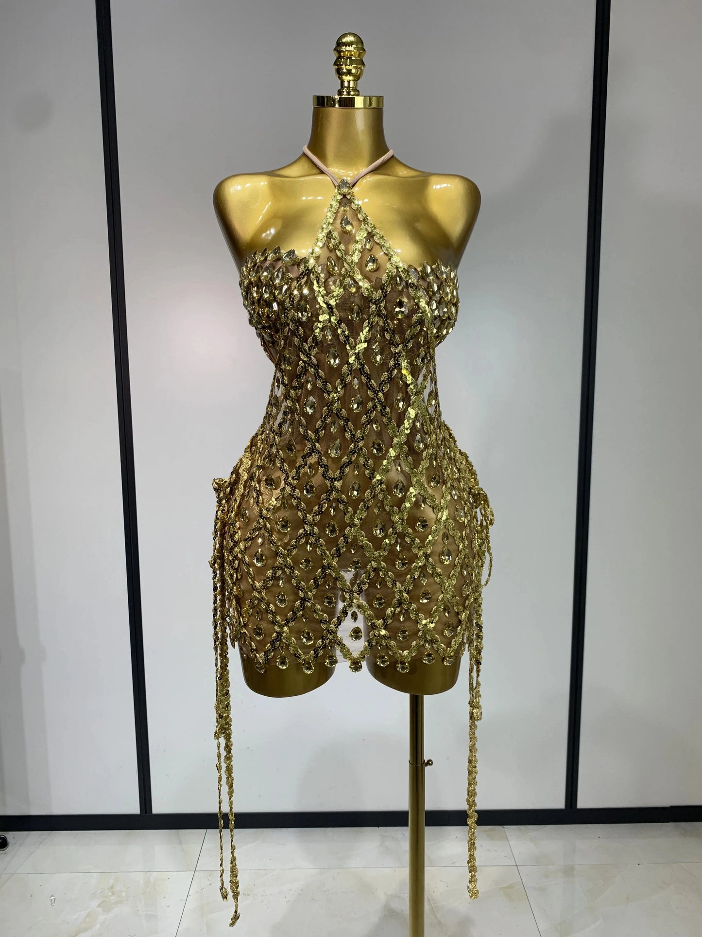 Sexy Sparkly Sequin Diamond Mesh Transparent Two Piece Set Women Celebrate Evening Party Birthday Dress Stage Photo Shoot Wear