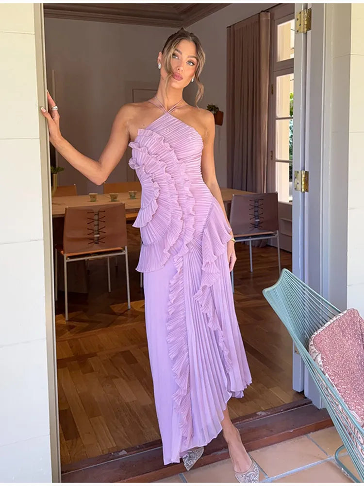 Chic pleated halter neck long vacation dress high quality purple strapless Lotus Edge Maxi Dress 2026 New Lady Vacation Gowns