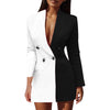 Women Blazer Elegant Office Lady Suit Deep V-Neck Long Sleeve Patchwork Slim OL Double Breasted Dress Coat Contrast Color Suits