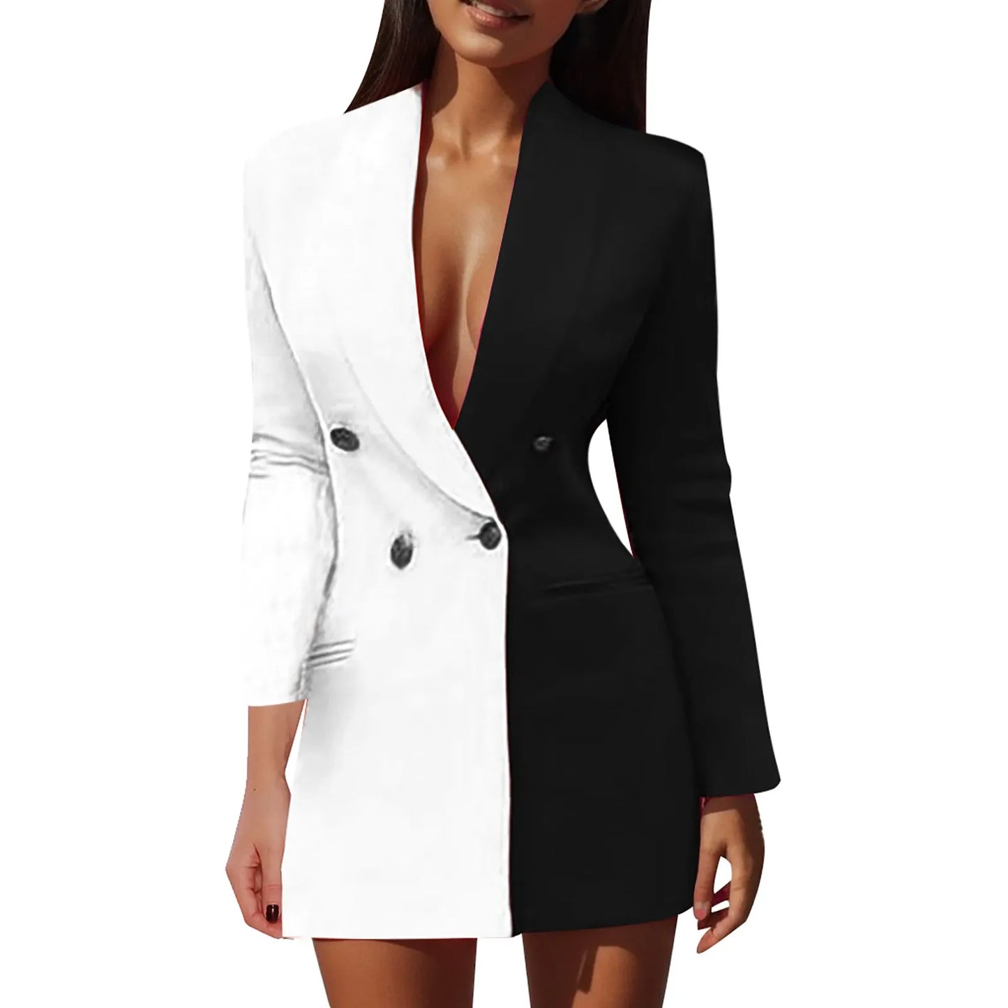 Women Blazer Elegant Office Lady Suit Deep V-Neck Long Sleeve Patchwork Slim OL Double Breasted Dress Coat Contrast Color Suits