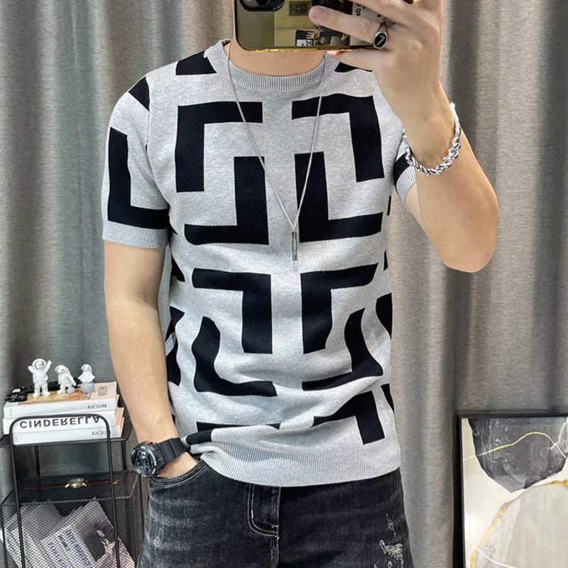 Luxury Men Autumn Knitted Tshirt 2024 Korean O-neck Short Sleeve Top Tees Streetwear Male Social Club Slim Fit Casual T-Shirt