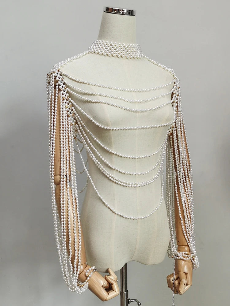 Women Pearl Tank Top Sexy Multiplayer Pearl Tassel Long Sleeve Bra Chains Camisole Necklaces Collar Partywear Crop Tops