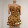 Sparkly Gold Rhinestone Sequins Sexy Strapless Mesh See Through Mini Dress Women Eveing Birthday Party Nightclub Stage Costume