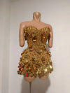 Sparkly Gold Rhinestone Sequins Sexy Strapless Mesh See Through Mini Dress Women Eveing Birthday Party Nightclub Stage Costume