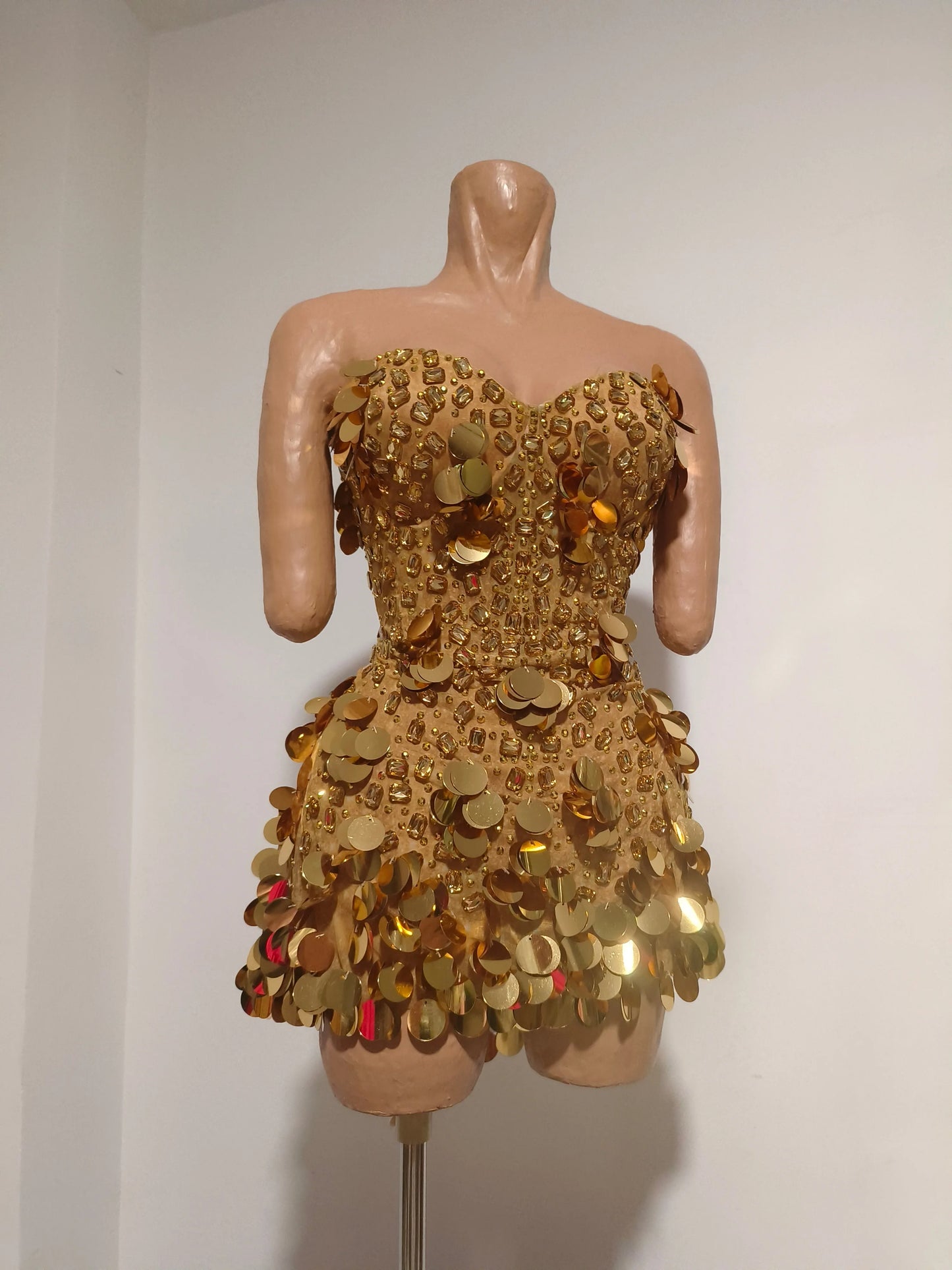 Sparkly Gold Rhinestone Sequins Sexy Strapless Mesh See Through Mini Dress Women Eveing Birthday Party Nightclub Stage Costume