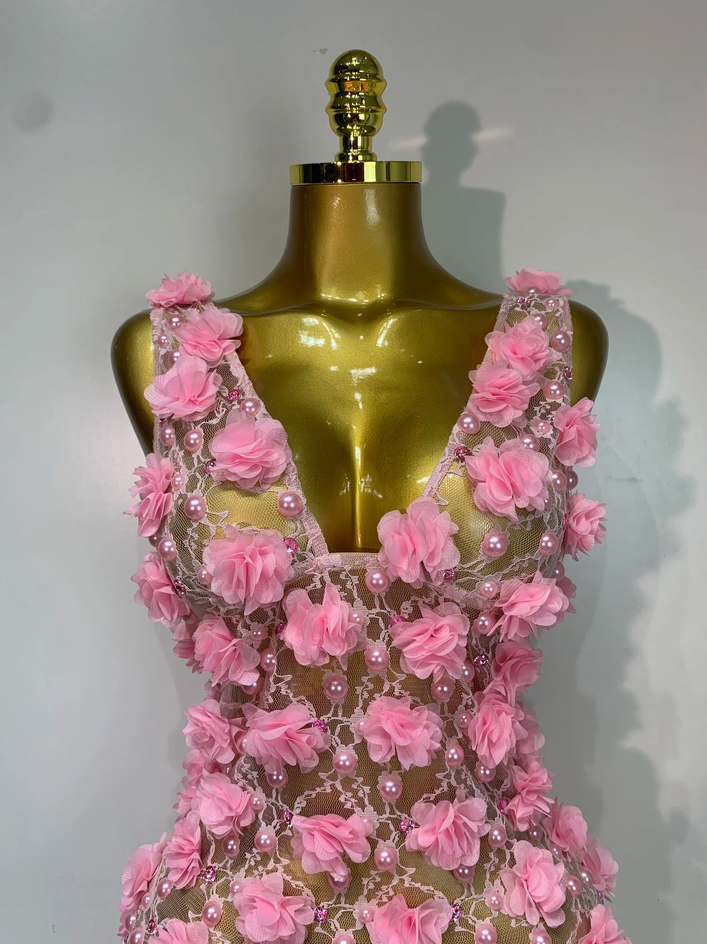 Women Luxury Pink Flowers Pearls Lace See Through Bodycon Mini Dress Birthday Photoshoot Evening Party Nightclub Stage Costume
