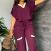 Elegant Women's Casual Short Sleeve T-shirt Sports Suit Summer Fashion Solid V Neck Short Top & Straight Pants Two Piece Sets