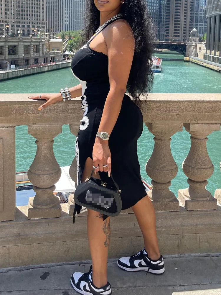 STYLISH LADY Letter Printed Hip Hop Dress 2025 Summer Women Sleeveless O Neck Bodycon Sexy Club Midi Split Vestidos De Festa
