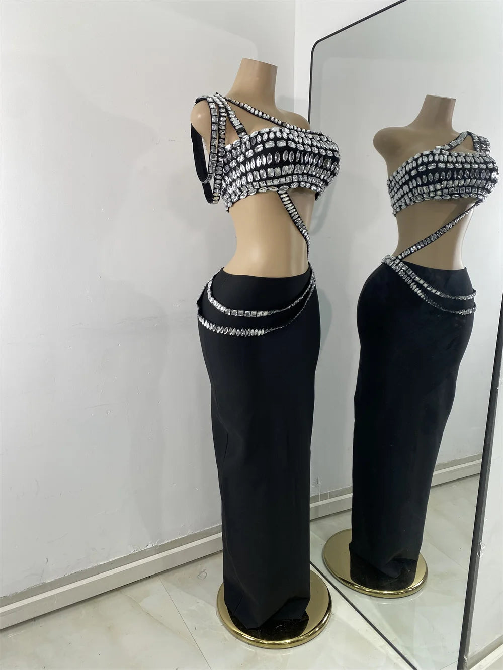 Luxus Kristall Diamanten Top Rock Zweiteiler Damen Bandage Sets Weiß Schwarz Gestrickt Celebrity Abend Geburtstag Party Outfit