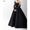 Bella Schwarzer Satin Perlen Abendkleider One Shoulder A-Linie Ballkleider Maßgeschneiderte Lange Ärmel Bodenlanges Hochzeitskleid