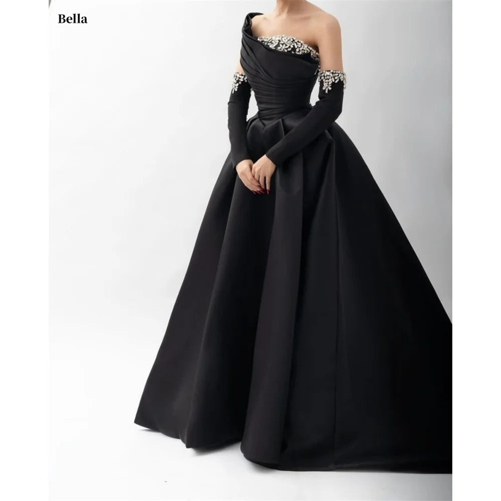 Bella Schwarzer Satin Perlen Abendkleider One Shoulder A-Linie Ballkleider Maßgeschneiderte Lange Ärmel Bodenlanges Hochzeitskleid