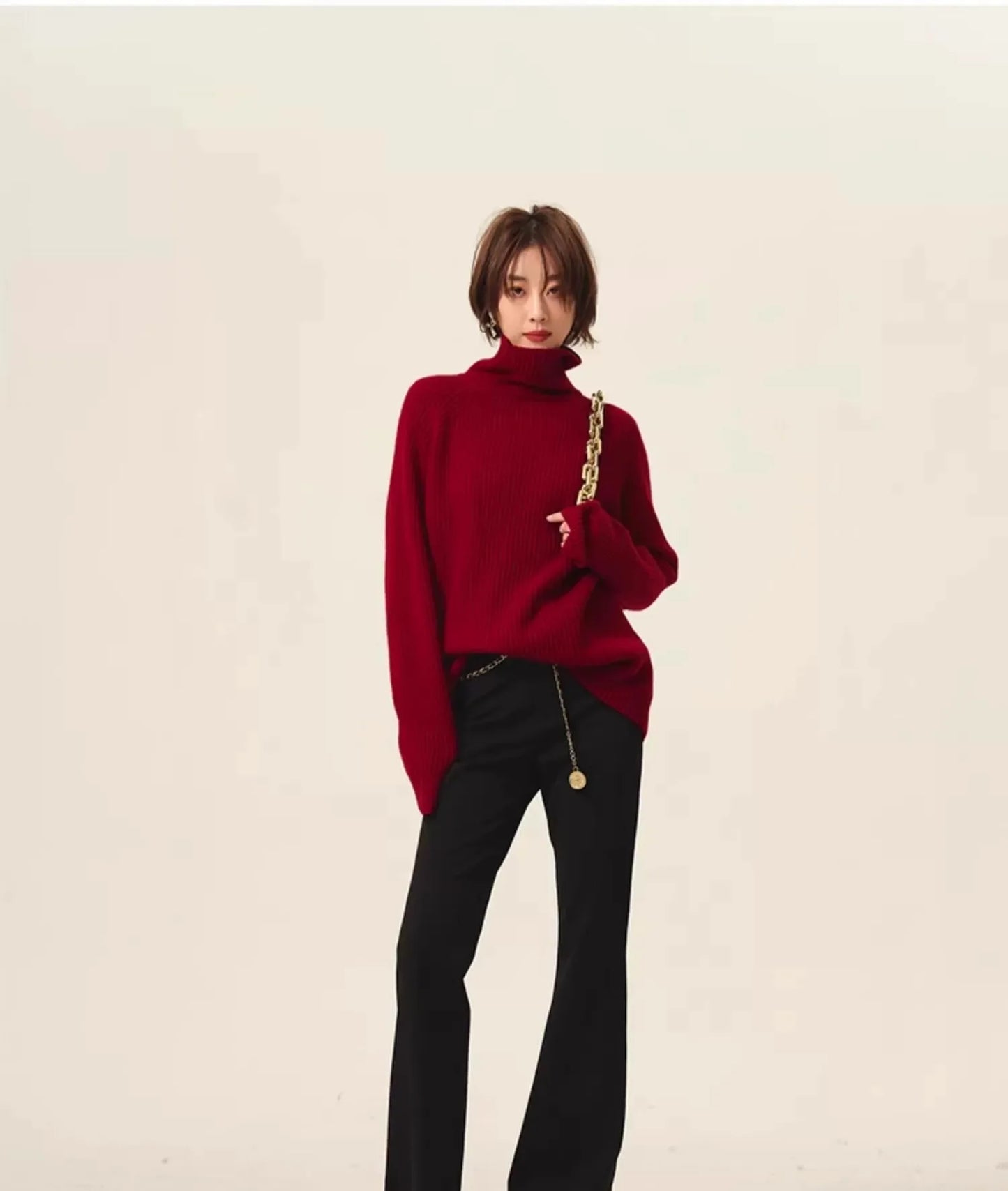 Rollkragenpullover 100% Kaschmir Pullover Damen lose verdickend Anti-Aging Nische Vintage Roter Rundhals-Pullover Damen Langarm