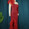 AOMEI Women Party Dress Off Shoulder One Sleeve Tiered Ruffle Slit Long Burgundy Lace Christmas Birthday Elegant Prom Event Gown