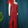 AOMEI Women Party Dress Off Shoulder One Sleeve Tiered Ruffle Slit Long Burgundy Lace Christmas Birthday Elegant Prom Event Gown