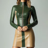 Women's Elegant Color Block PU Leather Dress High Neck Zipper Long Sleeve Slim Fit Bodycon Mini Dress For Female Party Dresses