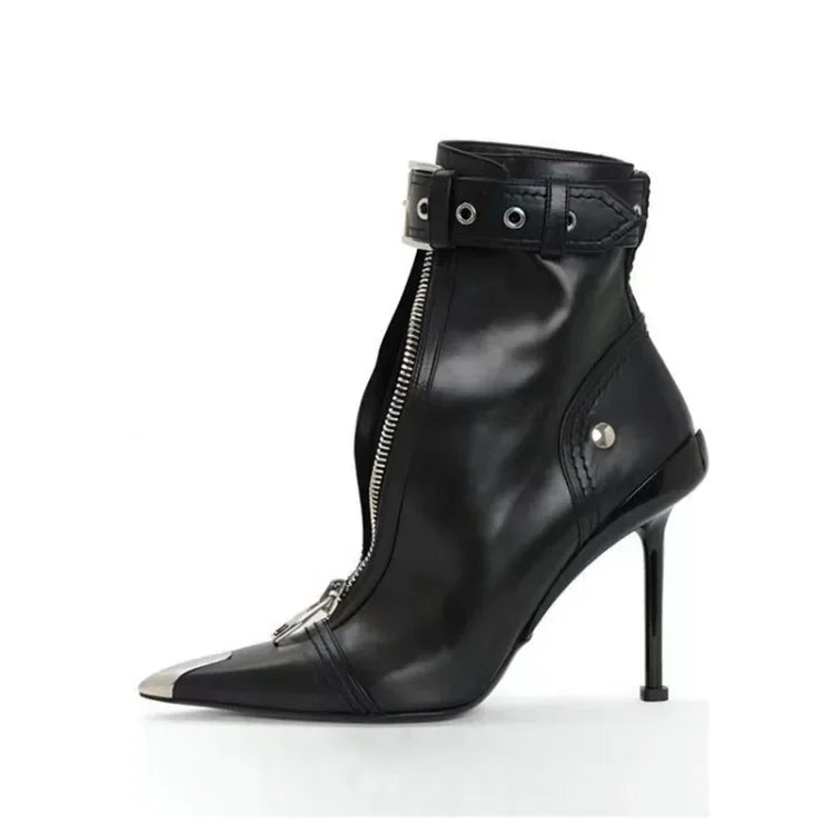 Gürtelschnalle Reißverschluss vorne Modenschau Stiefeletten Damen Herbst Winter Neu Spitz Metallverzierung Rote High Heels Ankle Boots
