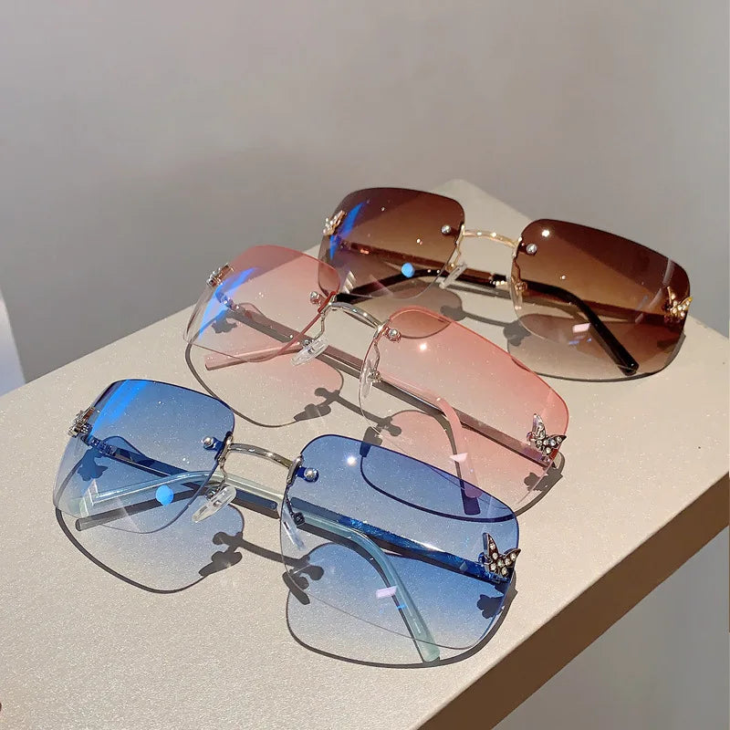 Y2K Luxusmarken Designer Randlose Quadratische Sonnenbrille Damen Für Weibliche Trendige Sonnenbrille Diamant Schmetterling Rosa Punk Shades UV400