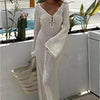 Sexy Women Long Knit Beach Dress Hollow-Out Deep V-Neck Long Sleeve Bikini Cover-Ups Dress Fall Backless Holiday Dress