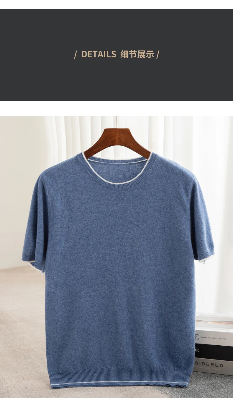 Men's T-shirt 2024 Summer New Knitted Tank Top Fashion Color Block Round Neck Pullover Sweater 100% Pure Wool Short sleeved