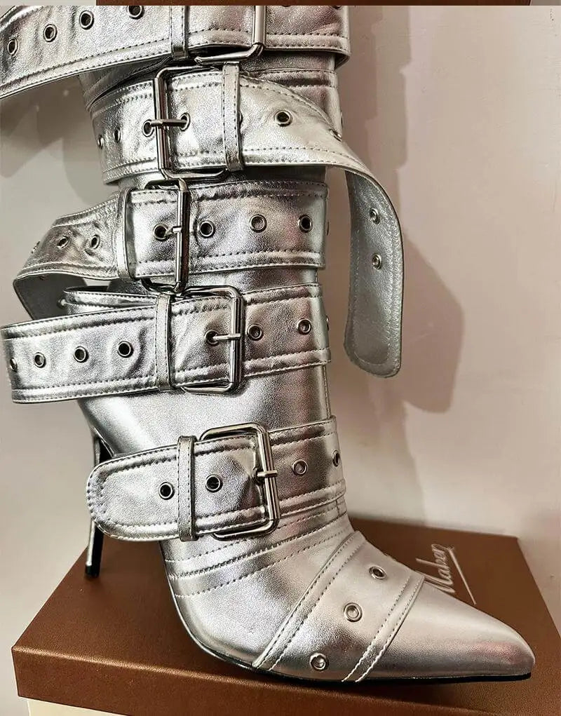 Onlymaker Women Pointed Toe Mid-Calf Boots Buckle Strap Thin High Heel Lady Zipper Female  Stiletto Boots