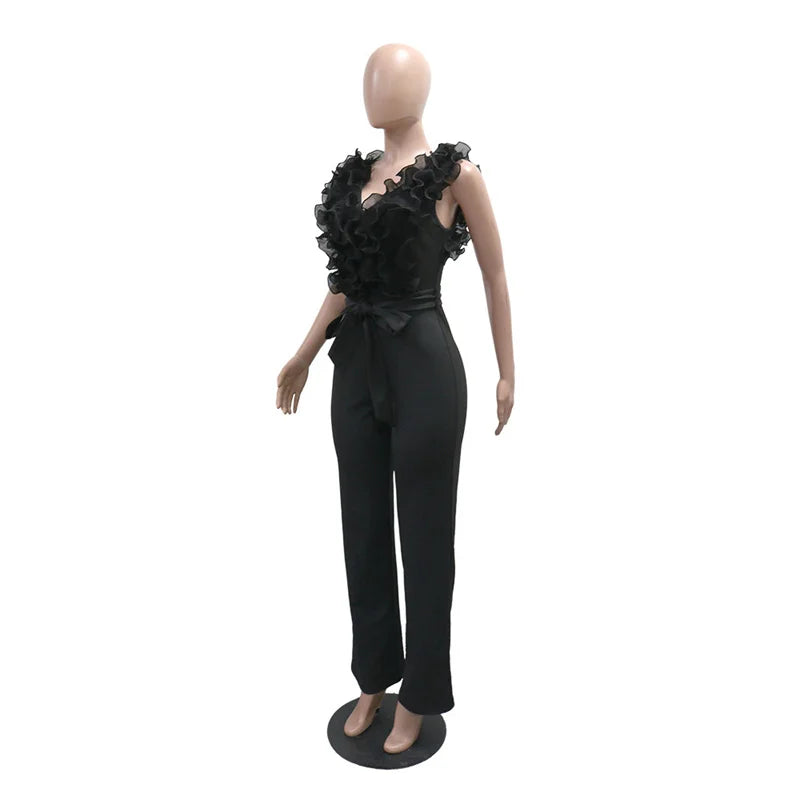 New 2025 Summer Women V Neck Sleeveless Elegant Straight Jumpsuits Edible Tree Fungus Sexy Birthday Party Jumpsuit Rompers Black