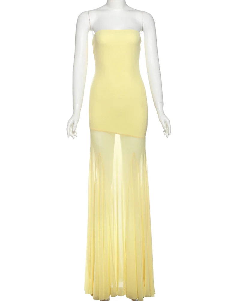 Weird Puss Patchwork Transparente Kleid Damen Elegant Einfarbig Plissiert Trägerlos Ärmellos Rückenfrei Schmal Bankett Party Vestidos
