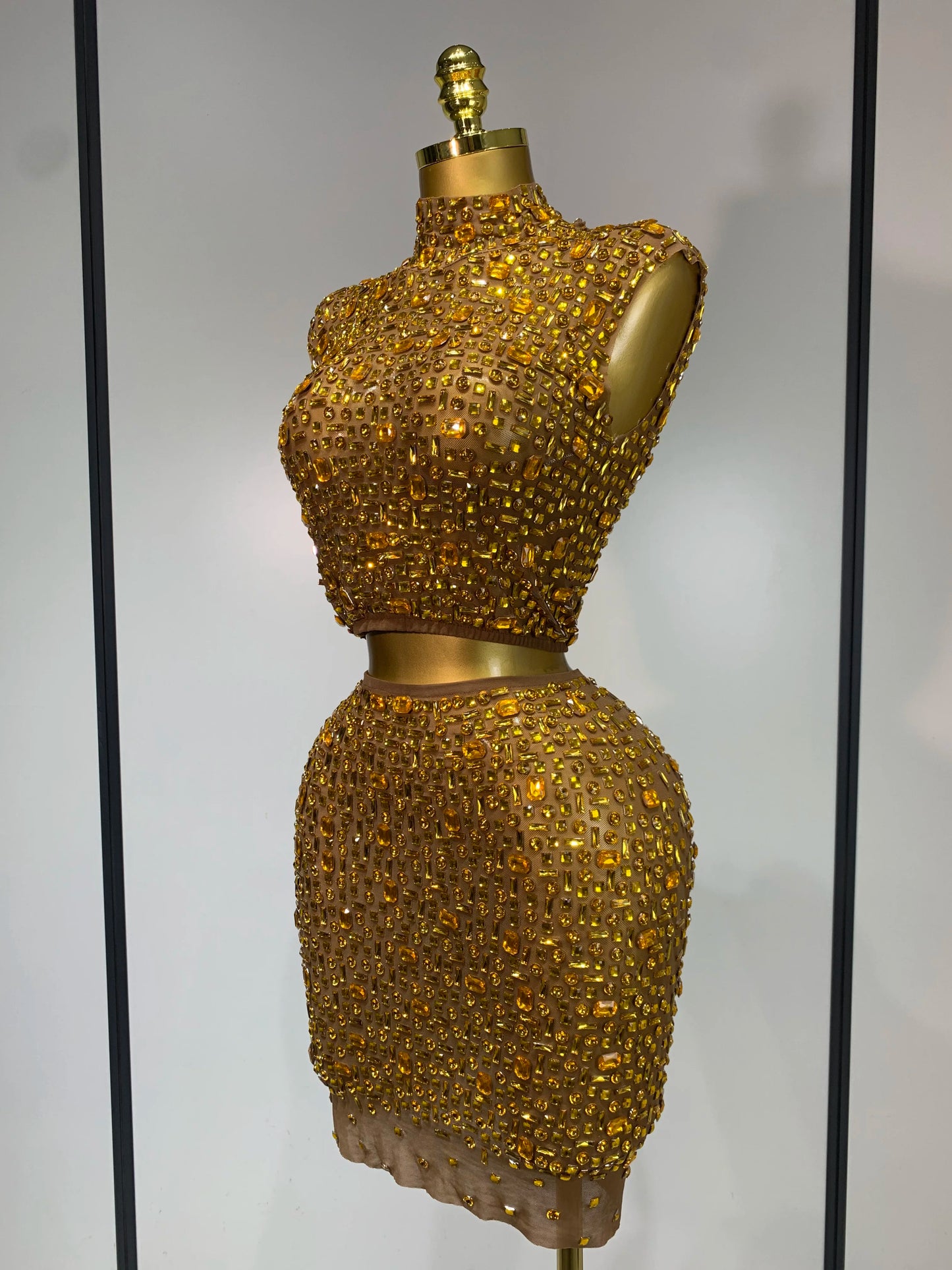 Luxury Rhinestone Mesh See Through Celebrate Birthday Dress Sparkly Top Short Skirt Two Pieces Sets Performance Stage Costume