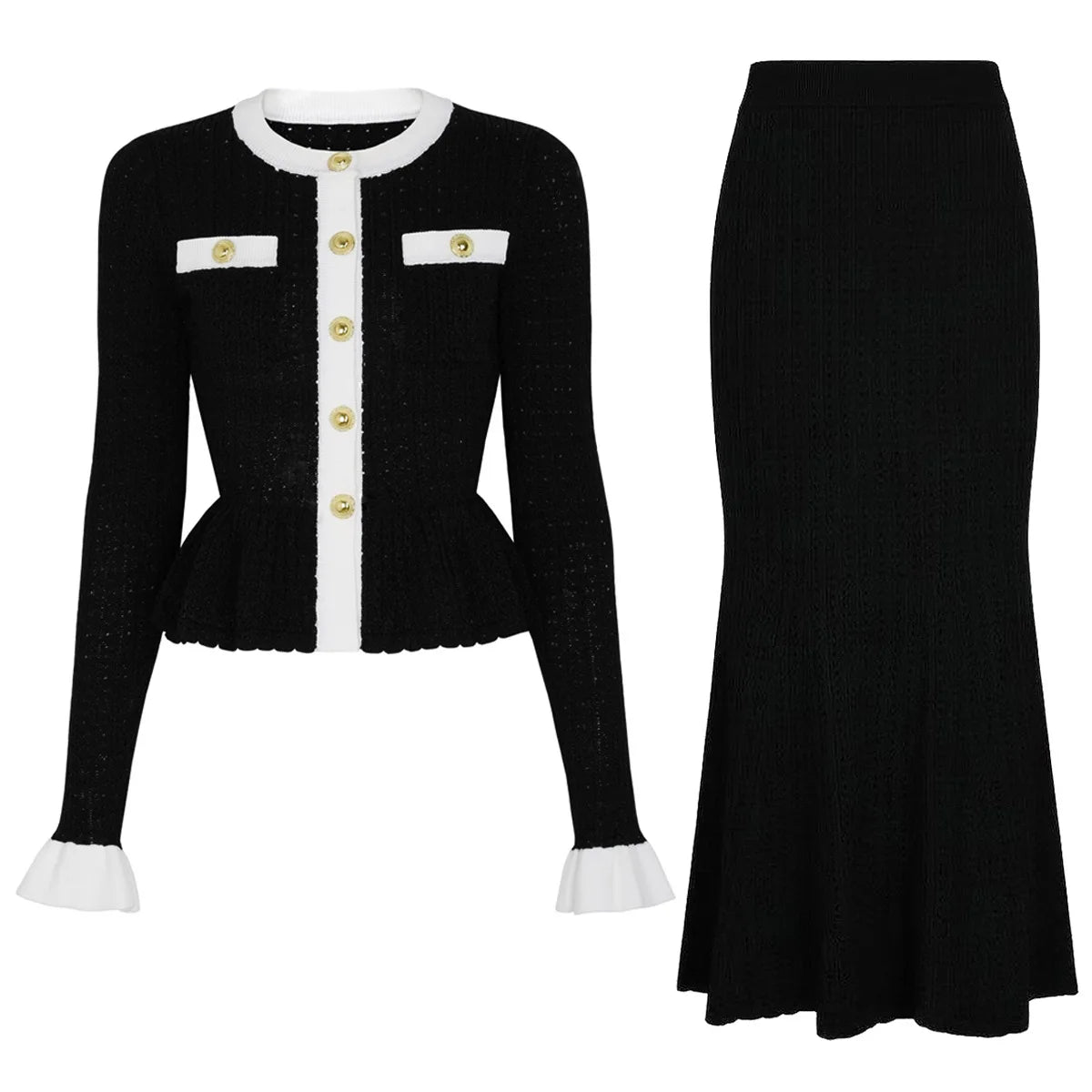 ZJYT Women's Knitted Dress Set 2 Piece Spring New Flare Sleeve Sweater and Long Skirt Suit Elegant Female Party Outfit Blue 2026