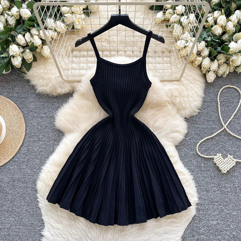 Joskaa 2026 Autumn Retro Striped Knit Dress Women Elegant Pleated Waist Slim Low Cut Sleeveless A-line Slip Dress Streetwear