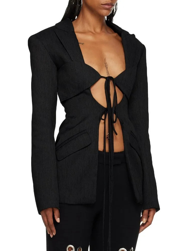TWOTWINSTYLE Patchwork Lace Up Hohl-Blazer für Damen mit gekerbtem Kragen, langen Ärmeln, Tunika, Designer-Blazer, weibliche Mode Neu