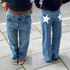 Combhasaki Damen Y2K Vintage Jeans Ästhetischer Sternmuster-Print Loose Straight Leg Denim Lange Hose Lässige Low Waist Hose