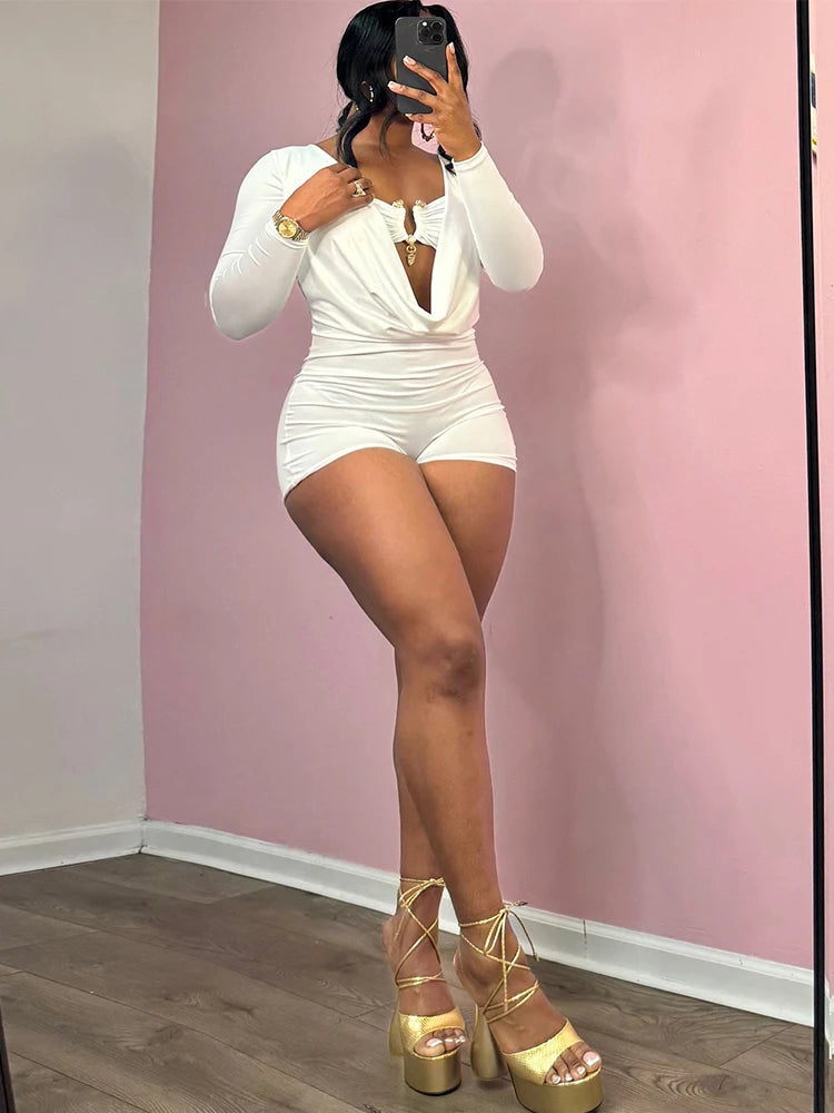 Insglas Frühling Trend Schwingkragen Sexy Damen Jumpsuit + Metallschnalle BH Hipster Midnight Party Neues Workout Fit Coquette Playsuits